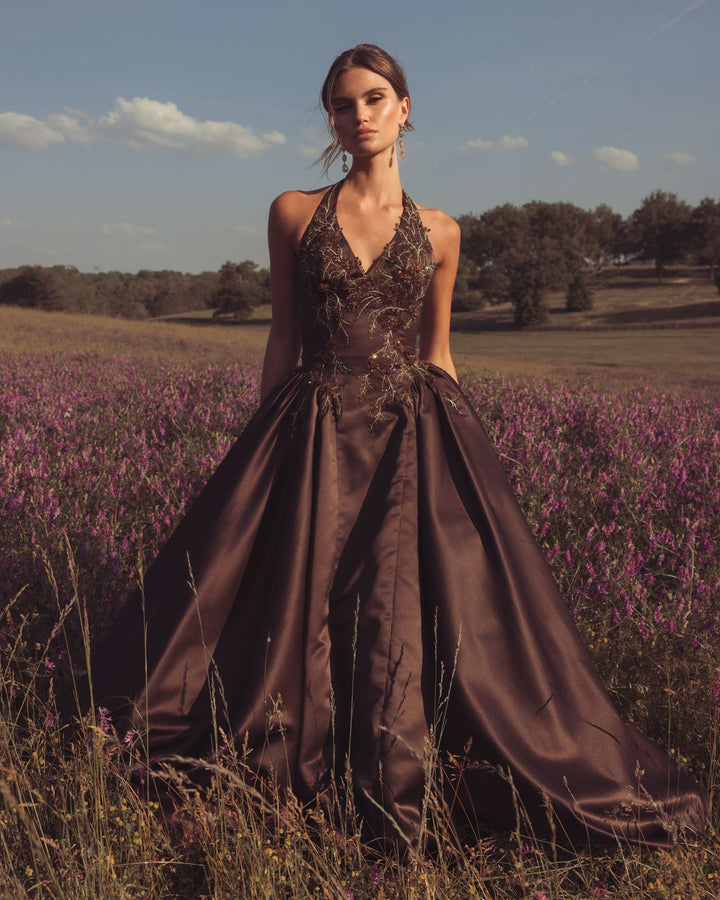 Mac Duggal 13354 Halter Neck Floral Embroidered Satin A-Line Gown
