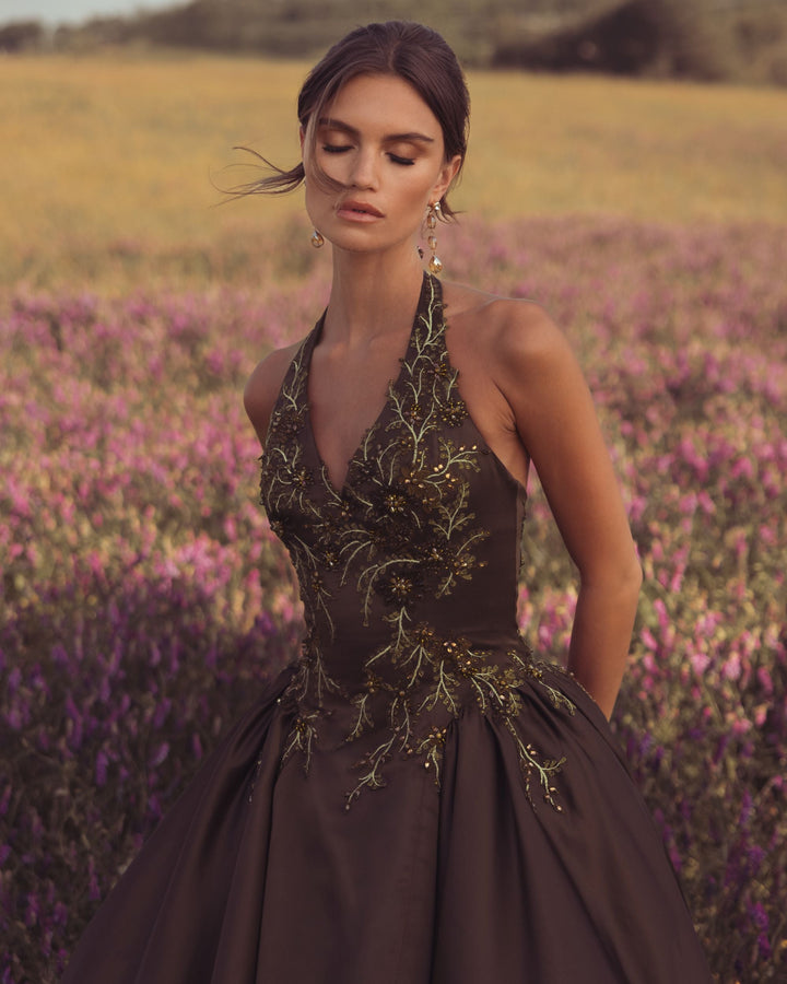 Mac Duggal 13354 Halter Neck Floral Embroidered Satin A-Line Gown
