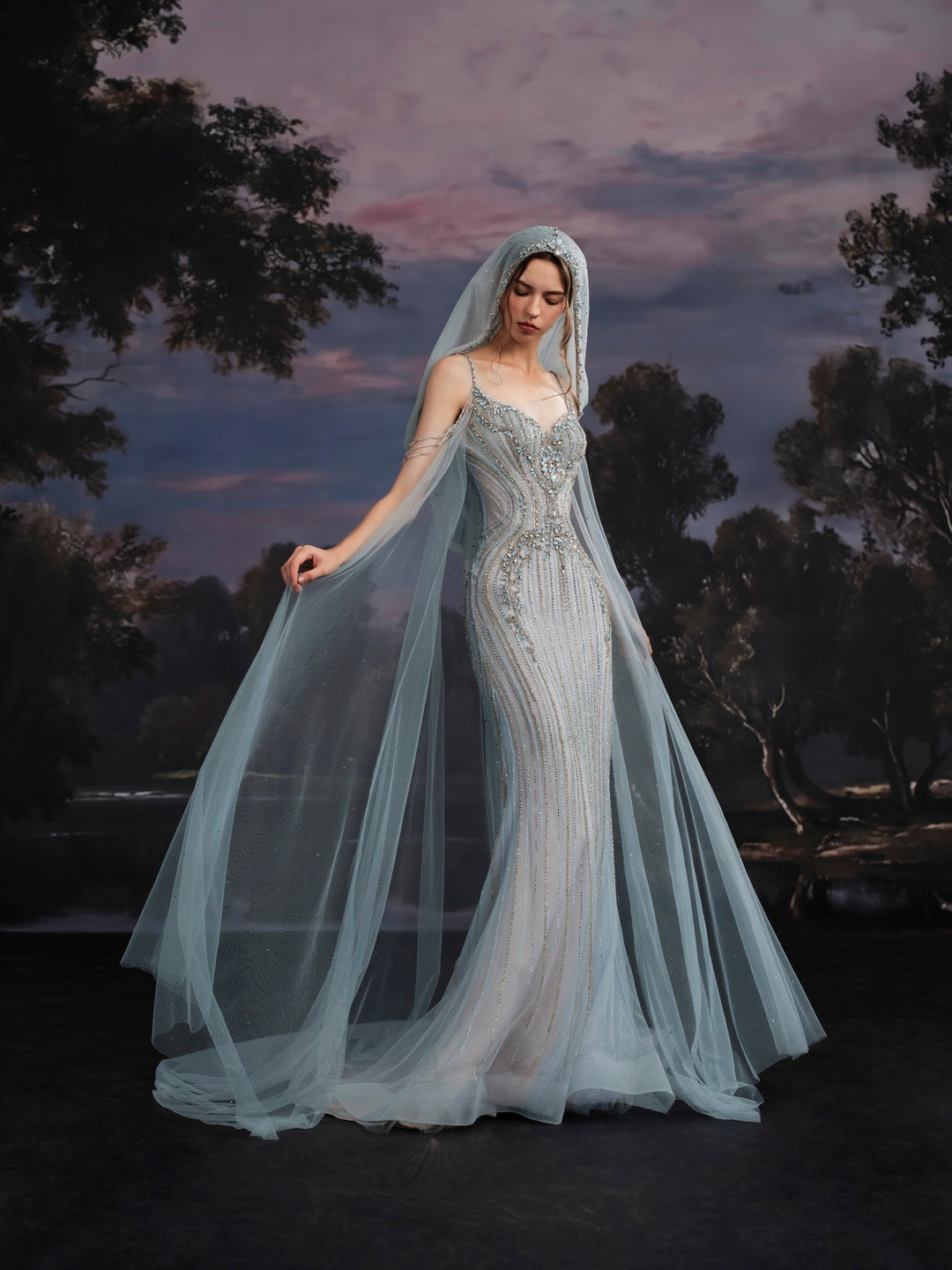 Delilah SH12078 Spaghetti Strap Crystal Beaded Mermaid Gown with Sheer Tulle Cape - G.Blue front view