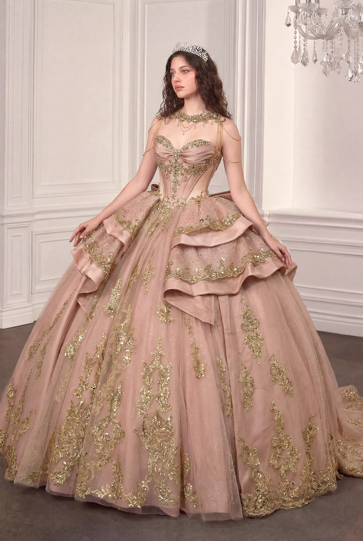 Ladivine 15744 rose gold quinceañera ball gown with illusion sleeves, front view
