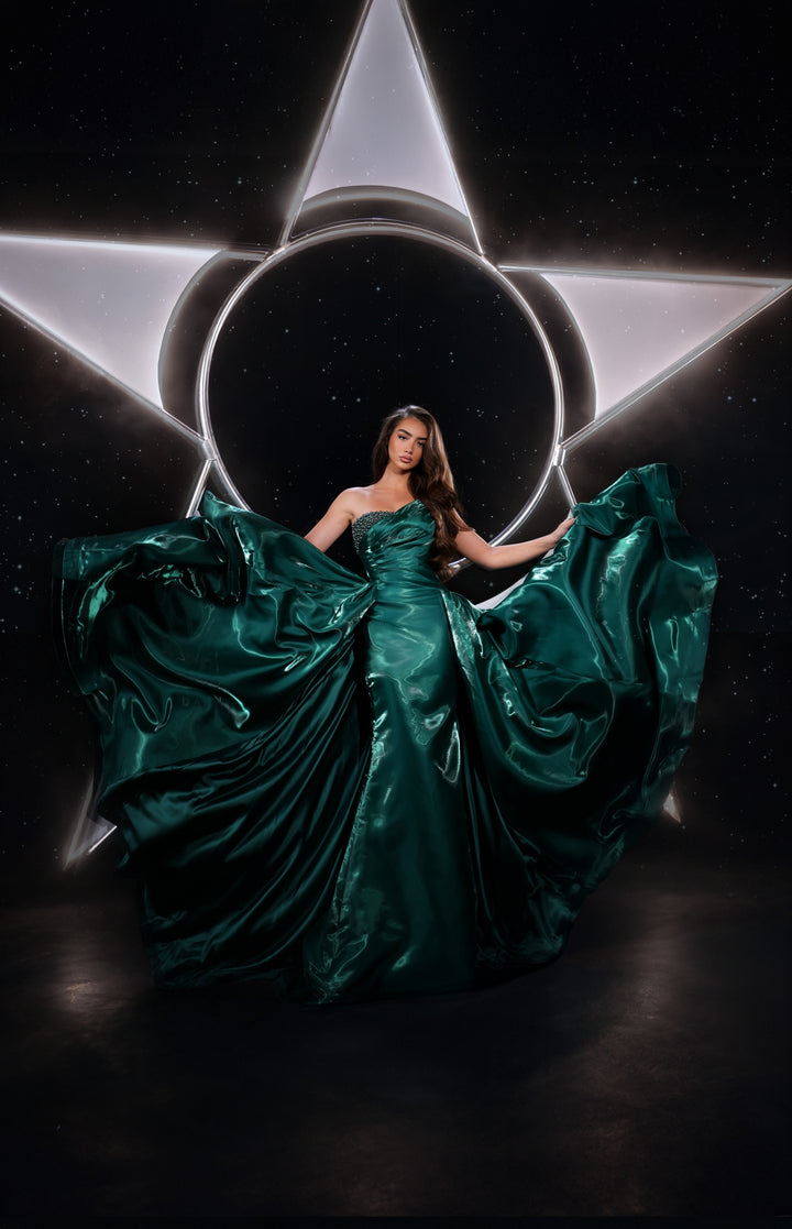 Delilah LD41026 Strapless Asymmetric Draped Sheath Gown with Beaded Accent and Overskirt Train - Green full view