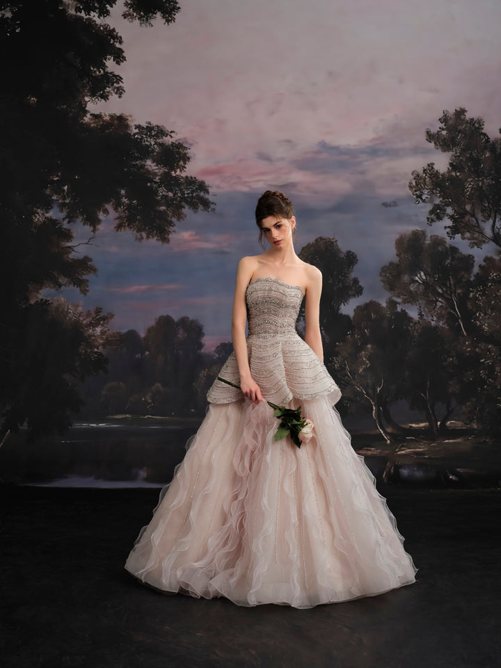 Delilah SH12091 Strapless Beaded Tiered Peplum Ball Gown with Ruffled Tulle Skirt - Pink front view