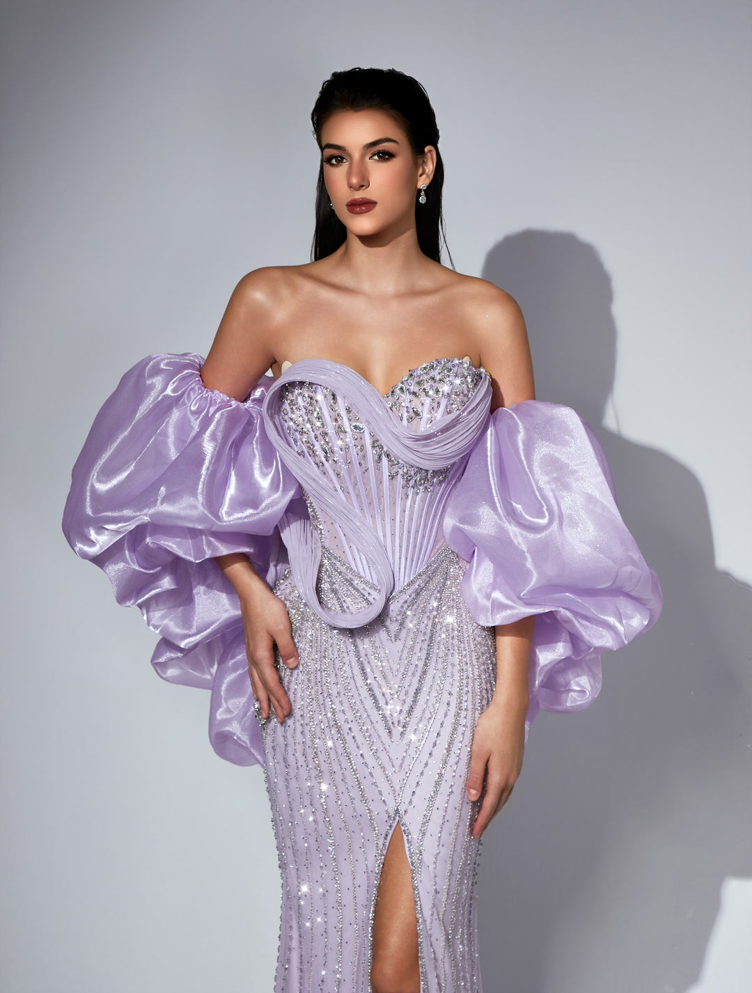 Delilah LD21161 Strapless Swirl Crystal Corset Mermaid Gown with Puff Sleeves and Slit - Lavender close-up view