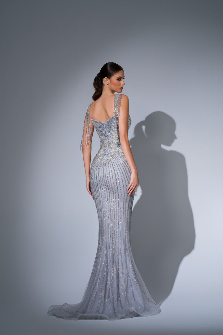 Delilah LD11684 Crystal Fringe Strap Plunging Linear Beaded Mermaid Gown - Silver back view