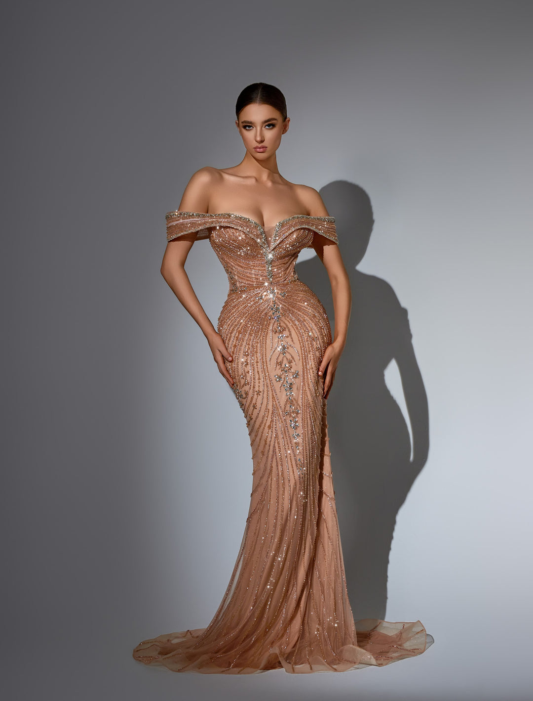 Delilah LD11459 Off-the-Shoulder Portrait Cuff Beaded Corset Mermaid Gown - Champagne front view