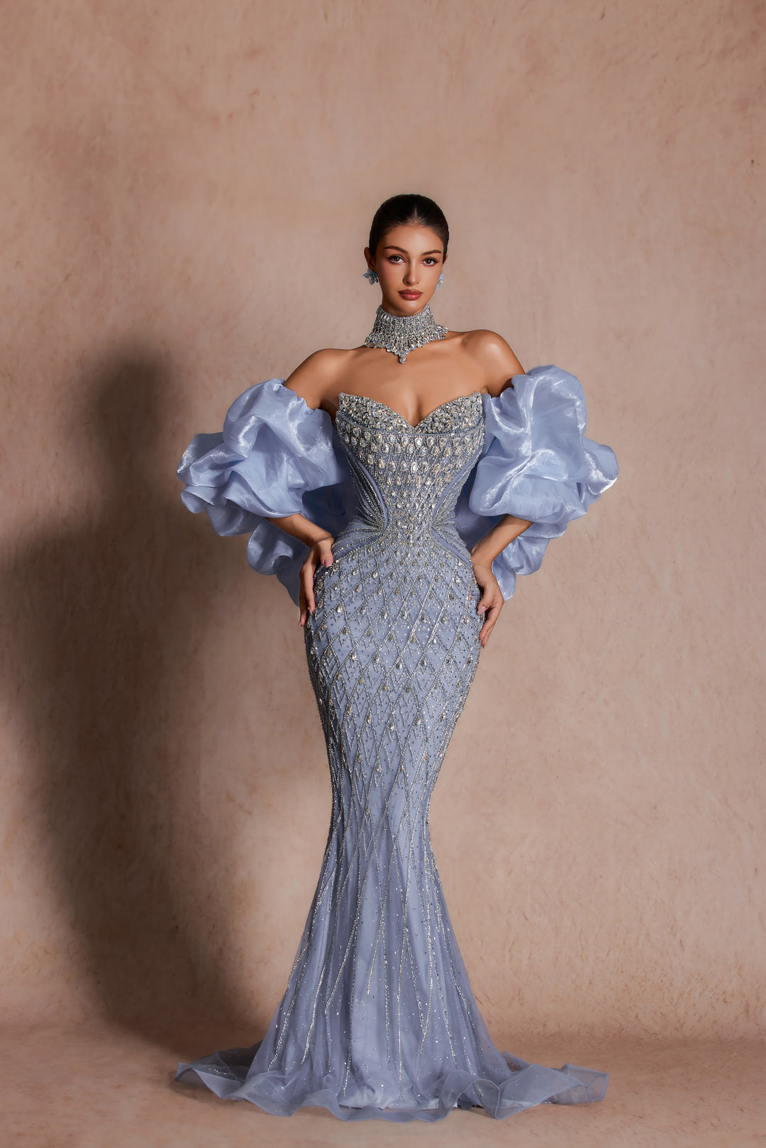 Delilah LD11689 Strapless Plunging Crystal Lattice Mermaid Gown with Puff Sleeves - Blue front view