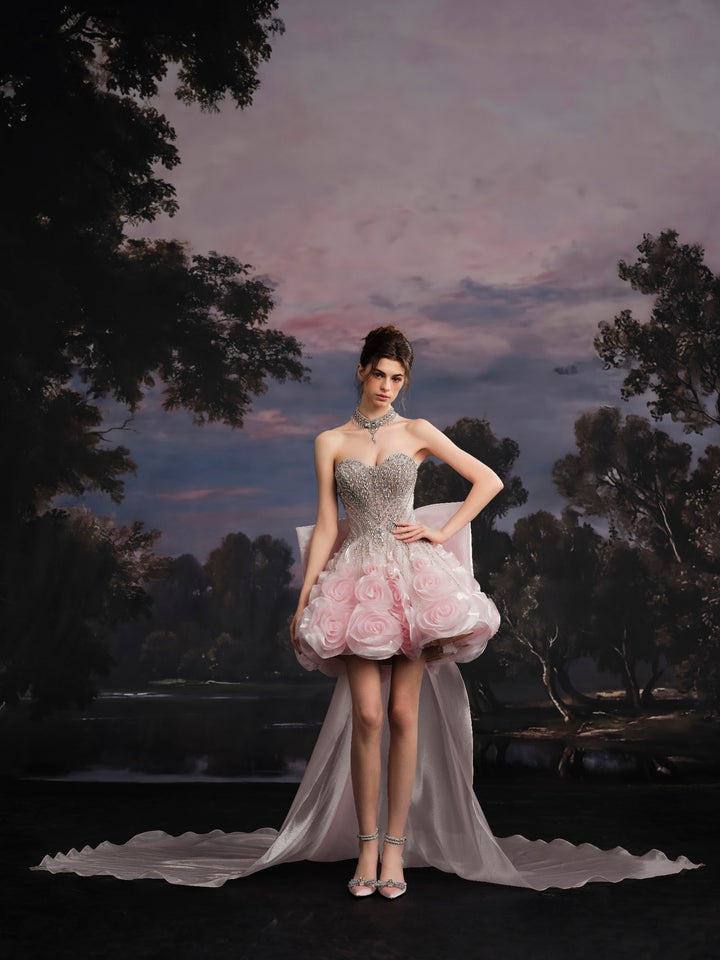 Delilah SH12068 Mini Strapless Crystal Corset Rosette Mini Dress with Bow Train - Pink front view