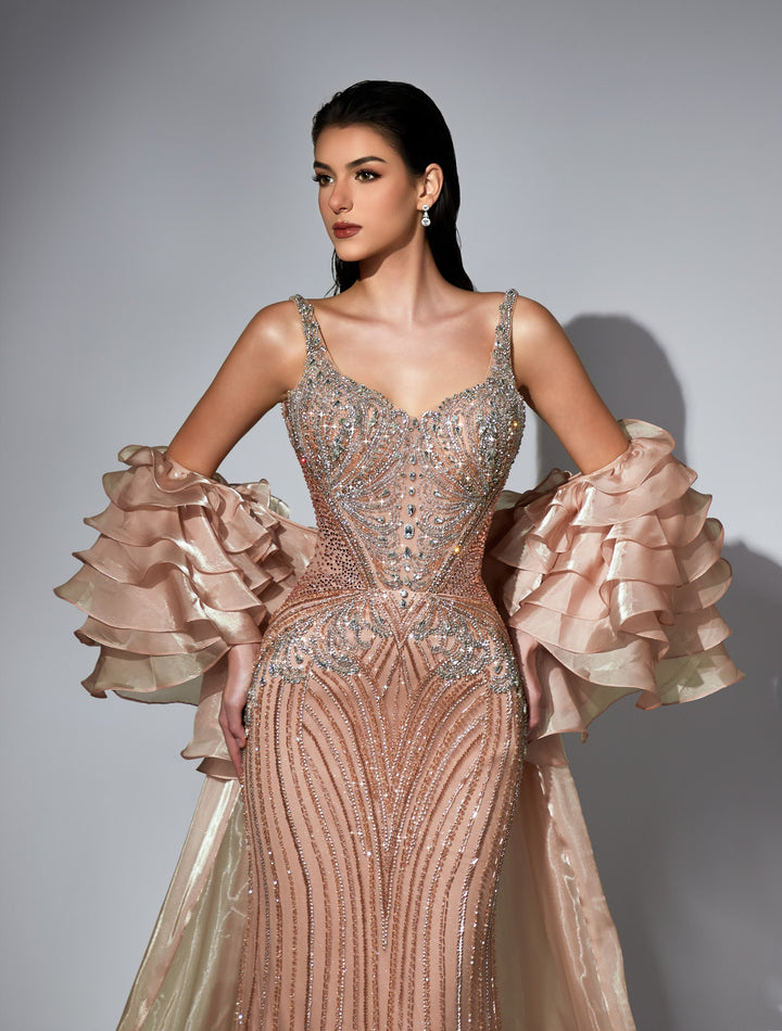 Delilah LD11585 Spaghetti Strap Crystal Corset Mermaid Gown with Ruffle Sleeves and Overskirt - Champagne close-up view