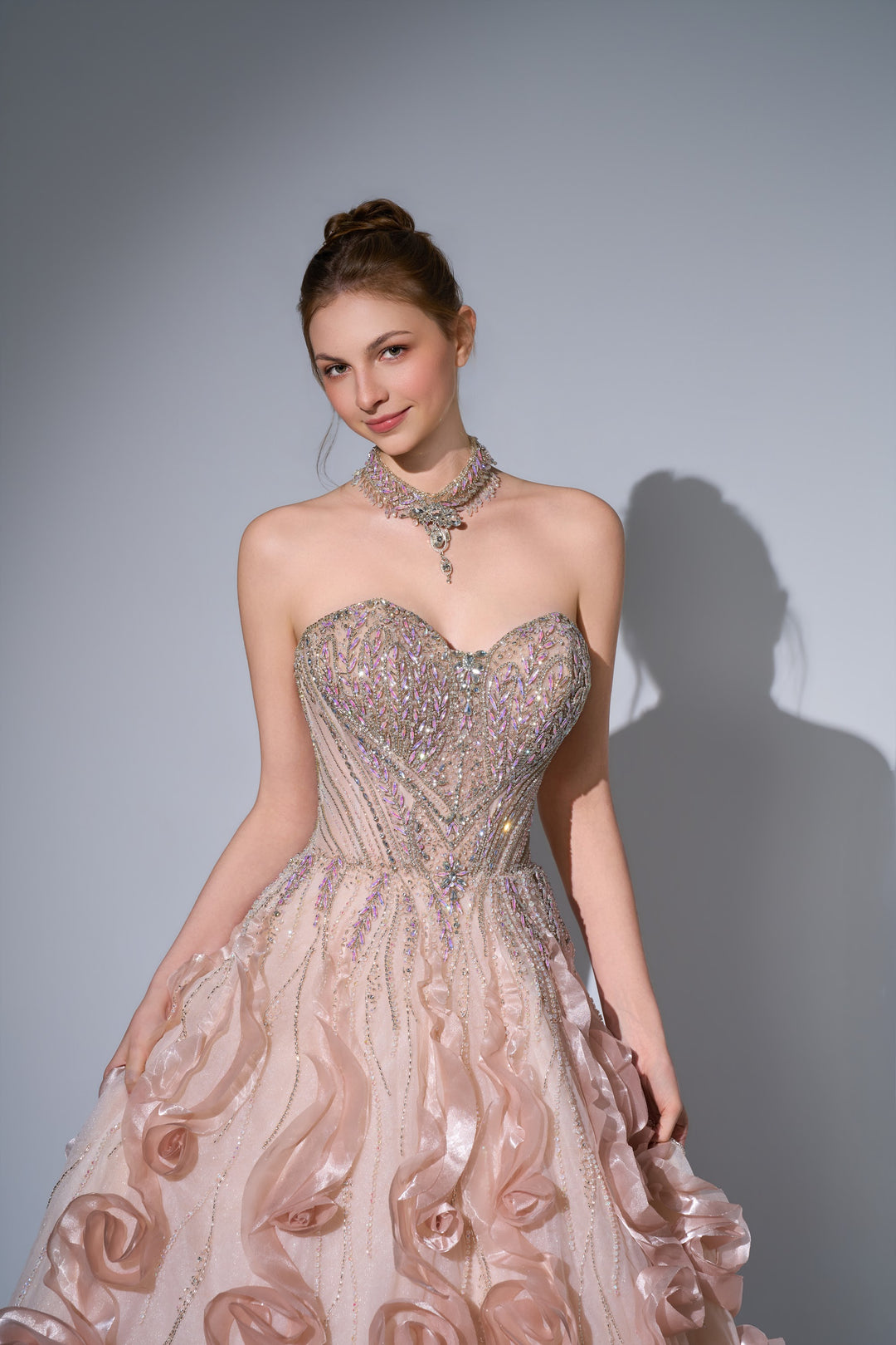 Delilah SH12068 Maxi Strapless Crystal Corset Ball Gown with 3D Rosette Skirt - Champagne close-up view