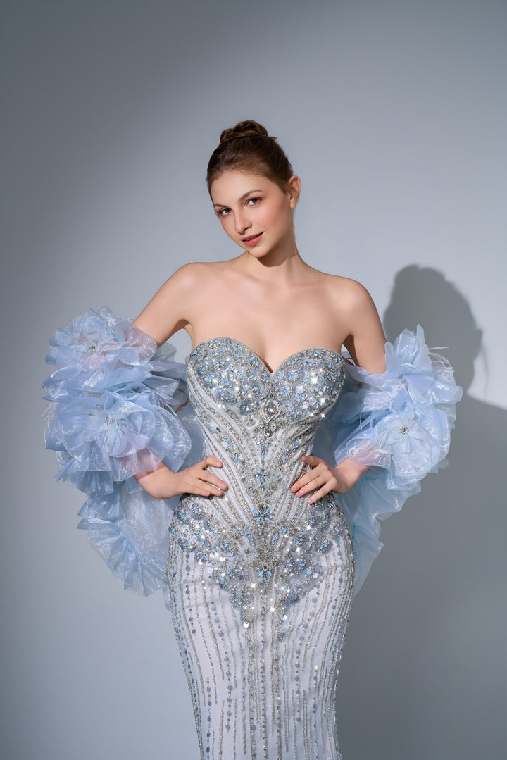 Delilah SH12061 Strapless Crystal Corset Mermaid Gown with Ruffled Feather Arm Wrap - Blue close-up view