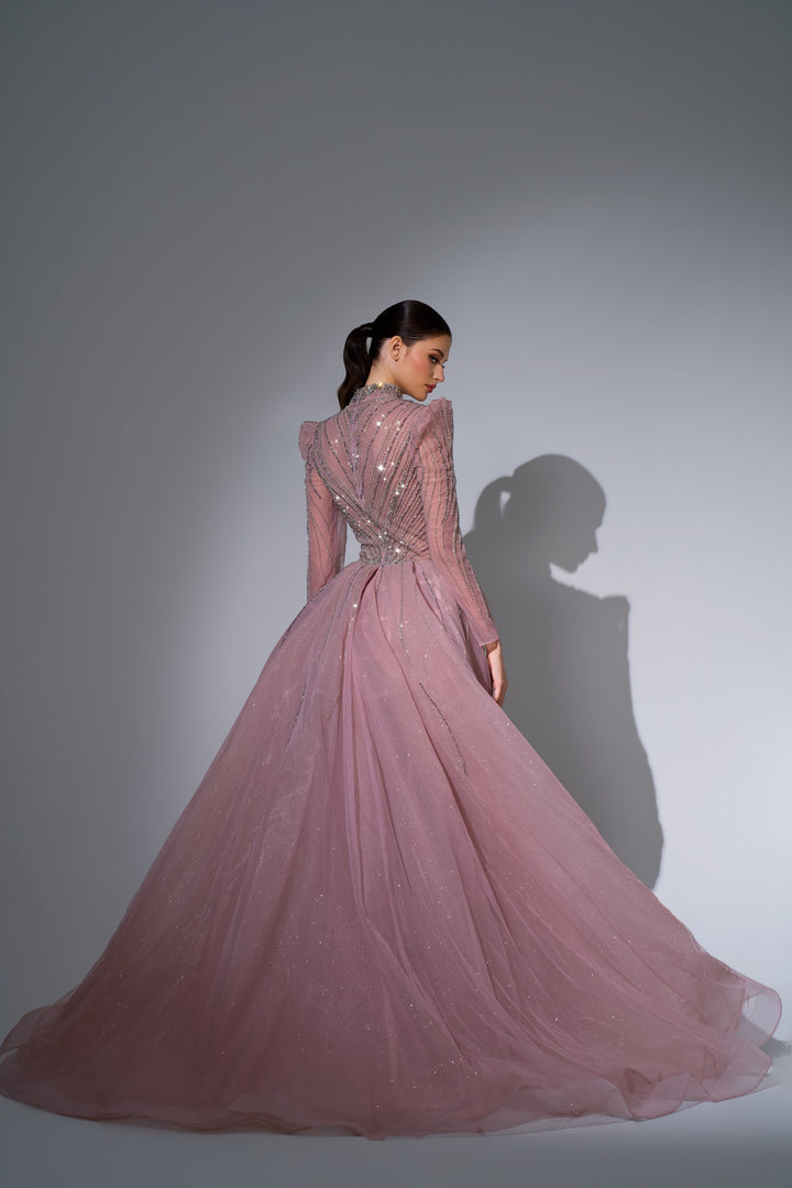 Delilah LD11650 High Collar Long Sleeve Crystal Sheath Gown with Tulle Overskirt - Pink back view