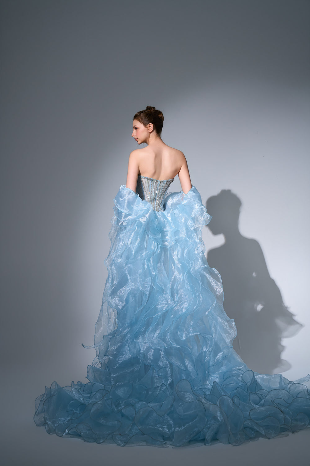 Delilah SH12070 Strapless Crystal Corset Column Gown with Ruffled Organza Stole - Blue back view