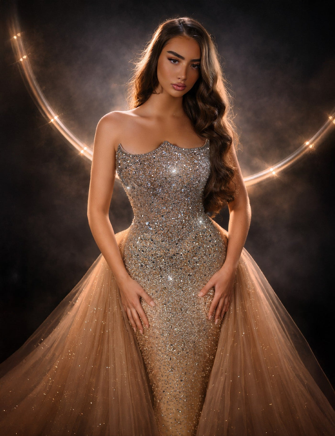 Delilah LD21176 Strapless Sequin Mermaid Gown with Glitter Full Overskirt - Champagne close-up view