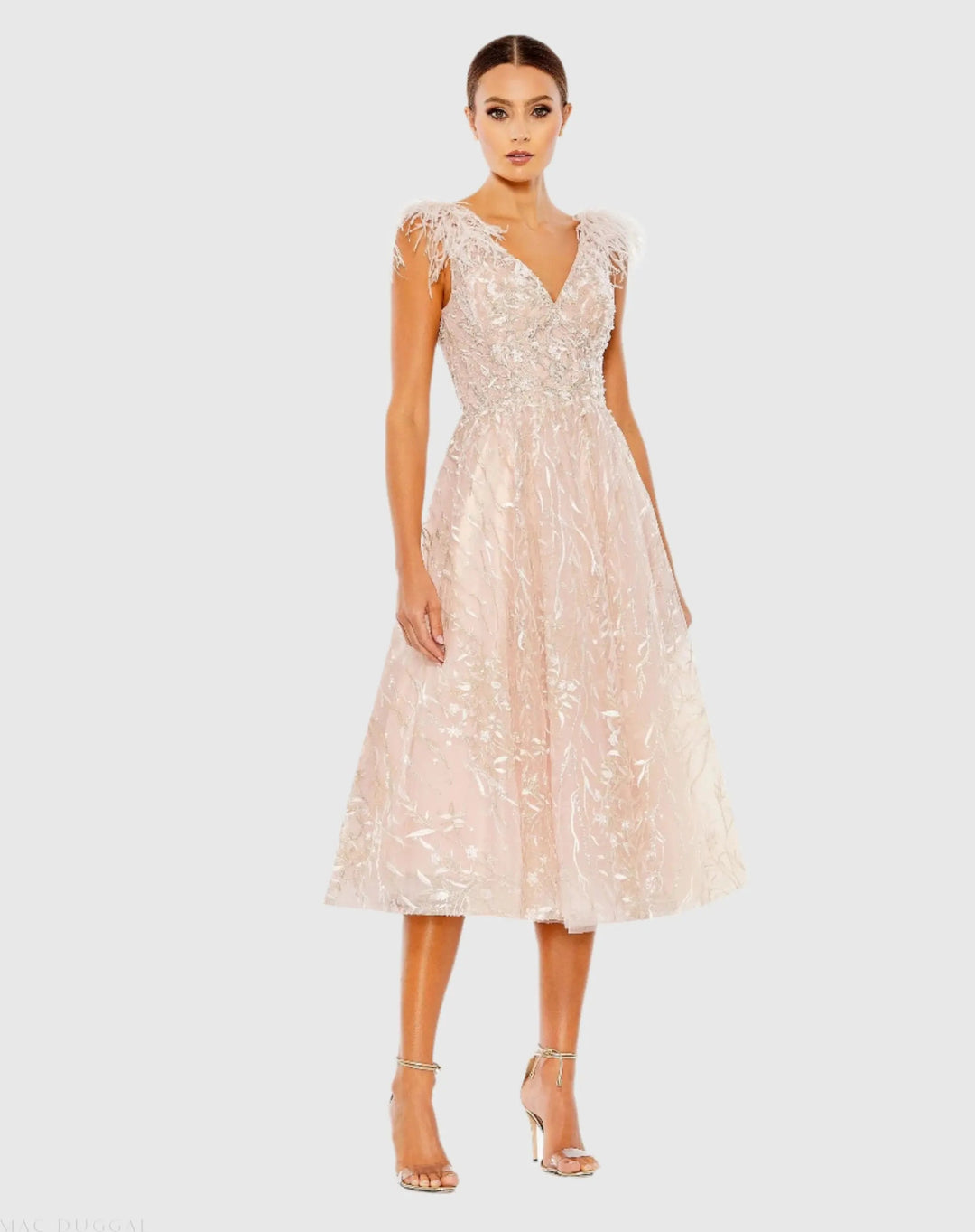 Mac Duggal Pink Embroidered Sleeveless Feather Detail Midi Dress Pink Size 10 Mac Duggal Pink Embroidered Sleeveless Feather Detail Midi Dress Pink Size 10