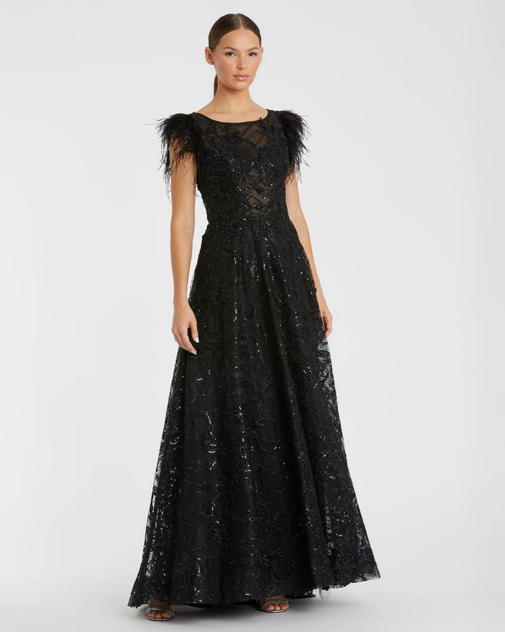 Mac Duggal 20296 Black Embellished Boat Neck A-Line Gown with Feather Sleeves