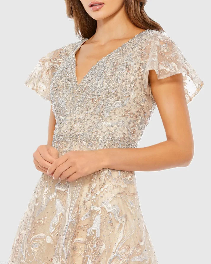 Mac Duggal - Navy Embellished Illusion Butterfly Sleeve A-Line Gown