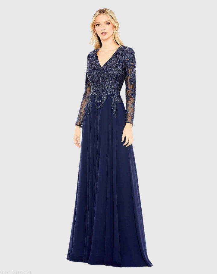 Mac Duggal 20388 Navy Embellished Illusion V Neck Long Sleeve Gown