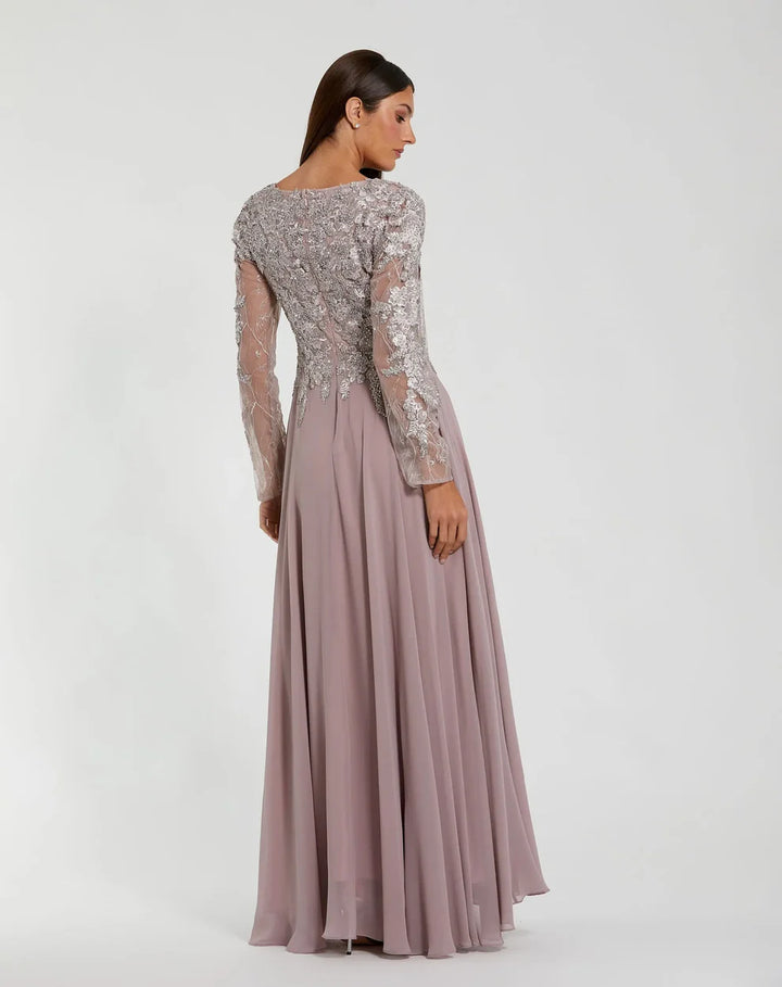 Mac Duggal 20388 Navy Embellished Illusion V Neck Long Sleeve Gown