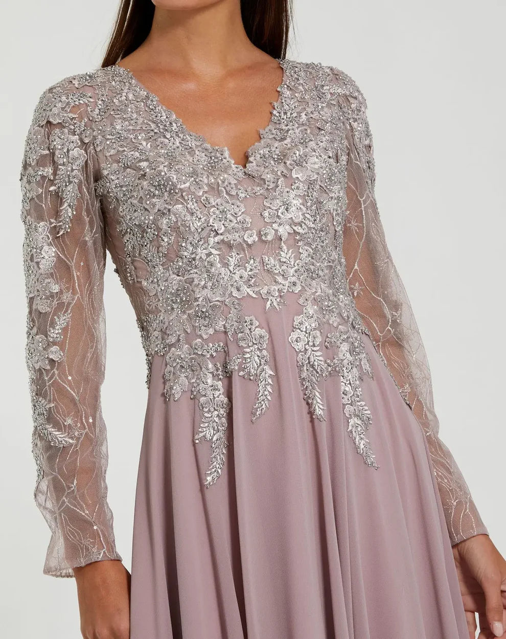 mac duggal embellished illusion long sleeve dress Embellished Illusion High Neck Long Sleeve Fit & Flare Dress