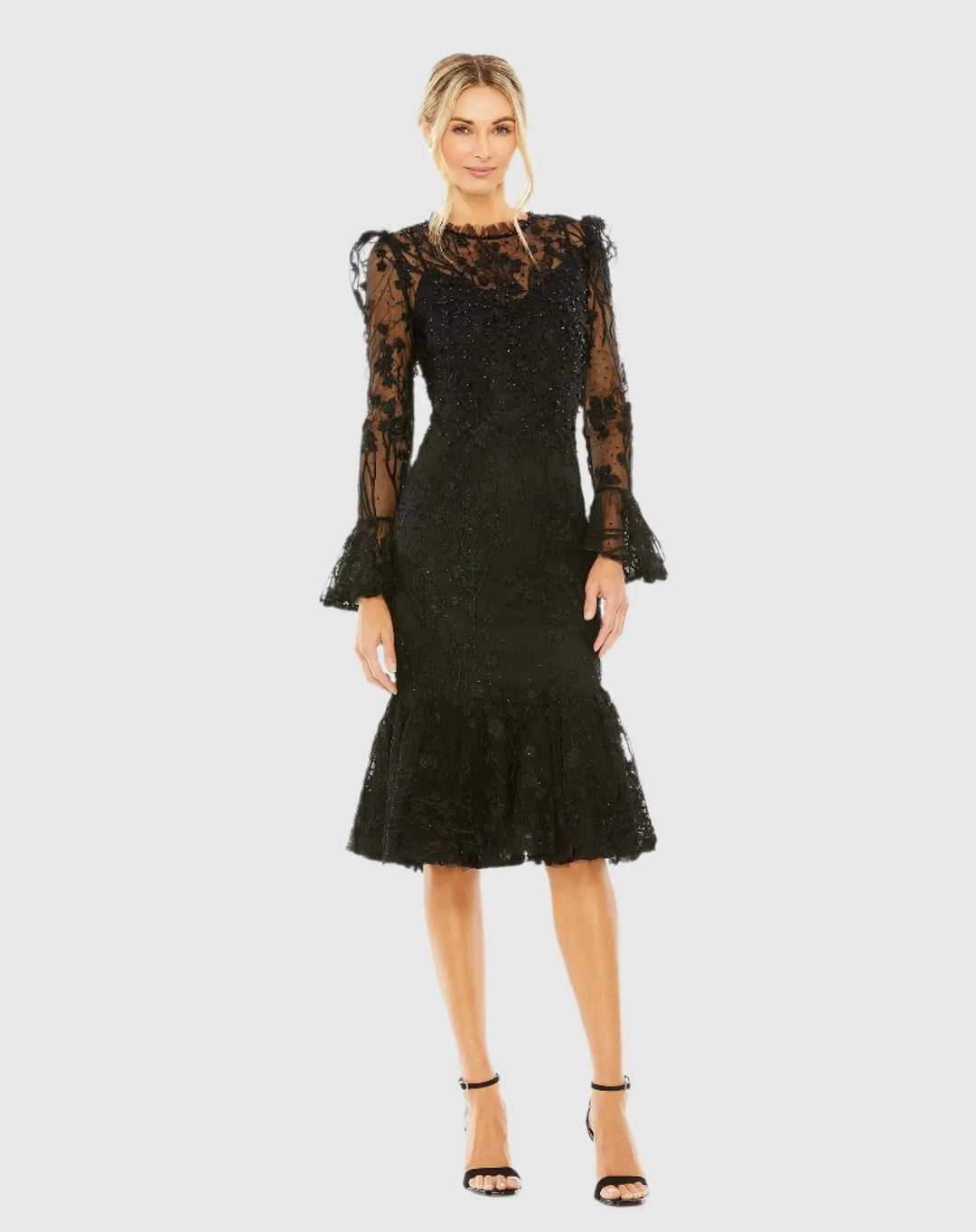 Mac Duggal 20431 Black Long Sleeve Embroidered Midi Dress