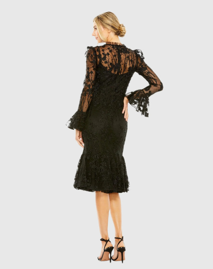 Mac Duggal 20431 Black Long Sleeve Embroidered Midi Dress