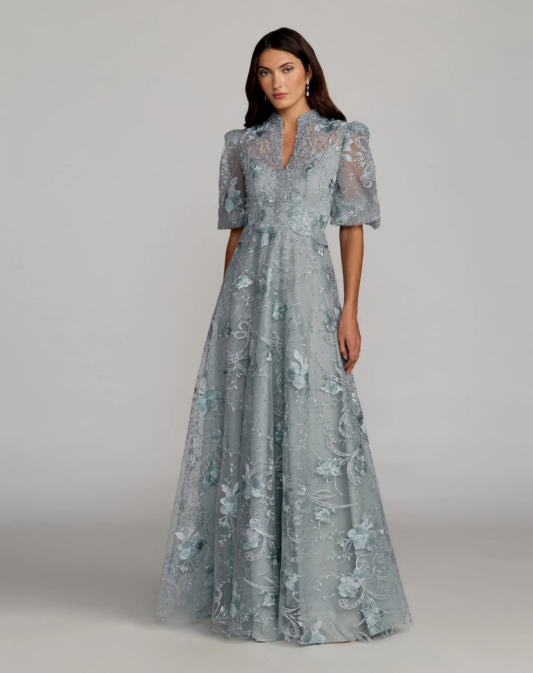 mac duggal light blue dress Mac Duggal 20452 Queen Anne Puff Sleeve Embroidered A-Line Dress