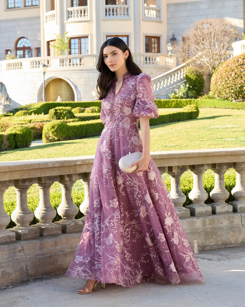 Pink Queen Anne Puff Sleeve A-Line Gown