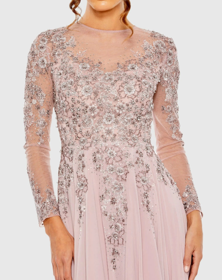 Mac Duggal 20478 High Neck Mesh Long Sleeve Embellished A Line Gown
