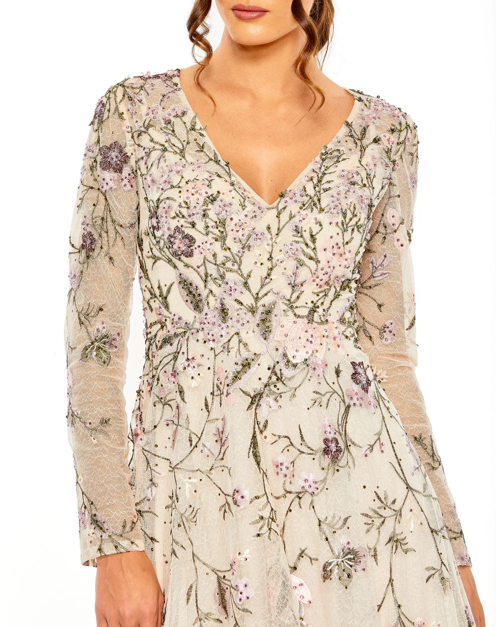 V-Neck Long Sleeve Embroidered A-Line Floral Gown | Mac Duggal US 20 V-Neck Long Sleeve Embroidered A-Line Floral Gown | Mac Duggal US 20
