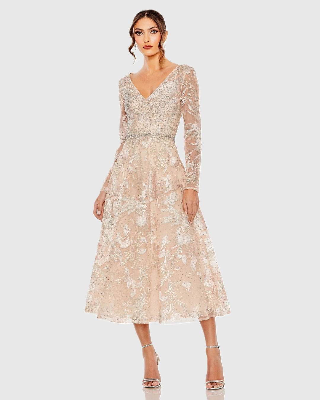 Mac Duggal 20489 Embroidered Long Sleeve Midi Dress
