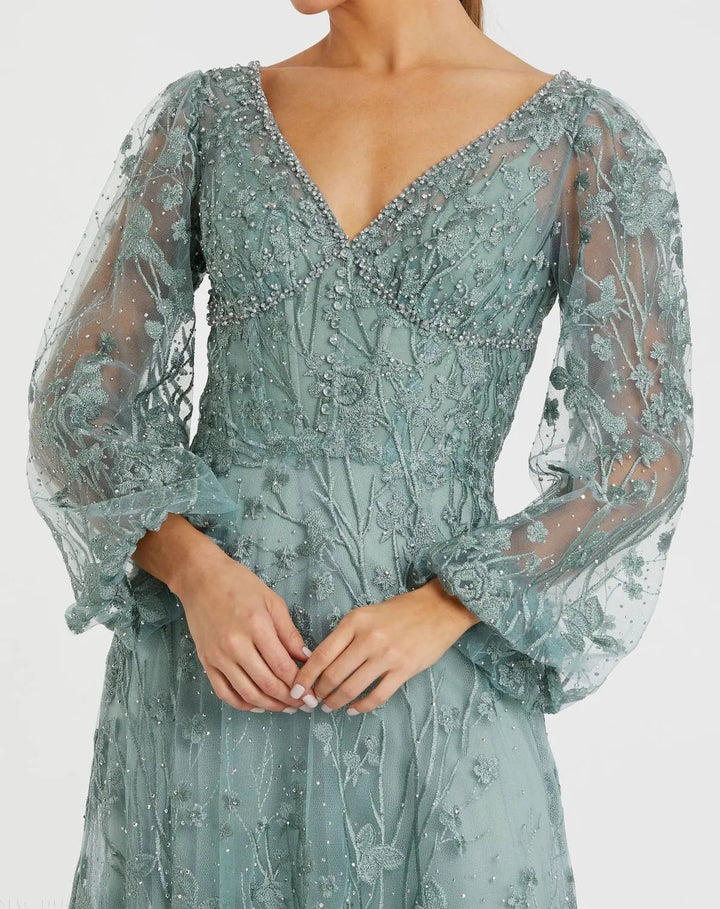 Mac Duggal 20512 Green V-Neck Embroidered A-line Tea Length Dress