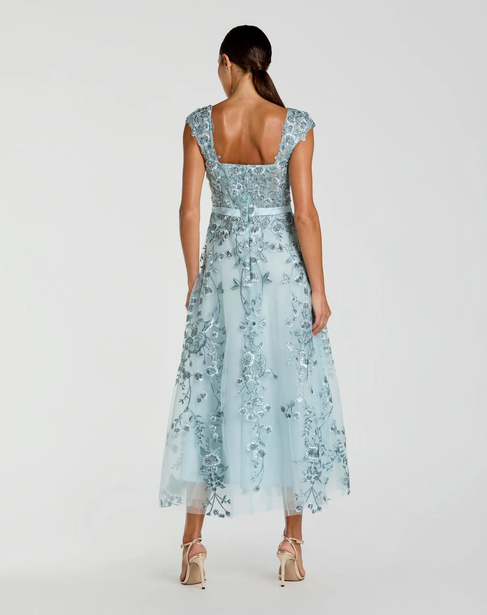 Blue Floral Embroidered Sweetheart Neckline Midi Dress - FOSTANI.com