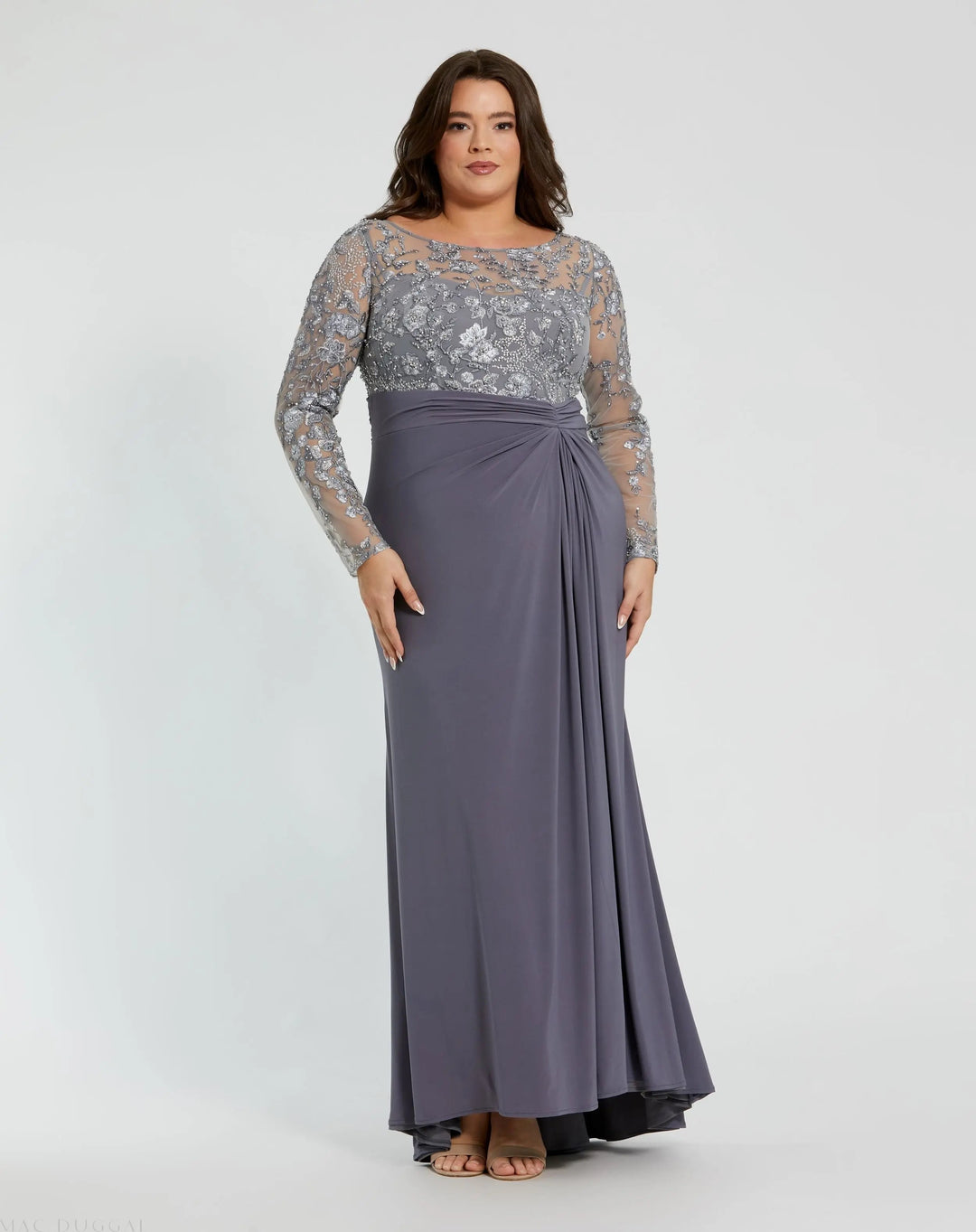 mac duggal plus size dresses Fabulouss 94074 Dress This elegant gown features a sequin embellished mesh overlay for a touch of sparkle Mac Duggal Fabulouss Plus Size