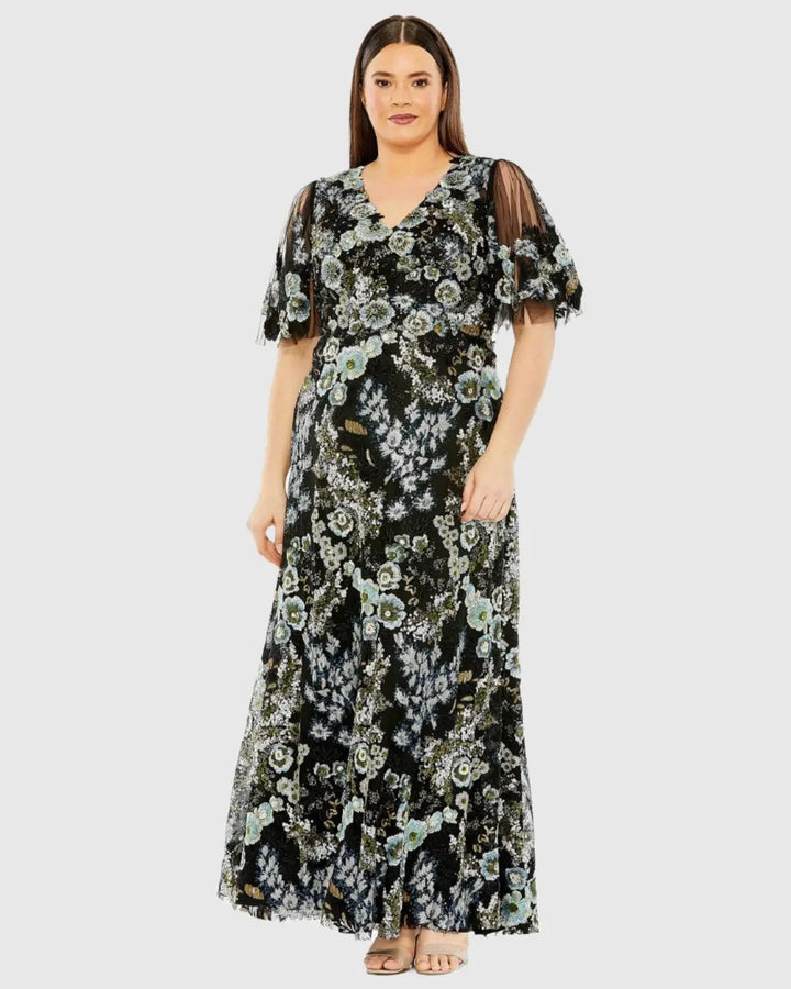 Mac Duggal 20630 Sheer Sleeve V-Neck Floral Embroidered Gown