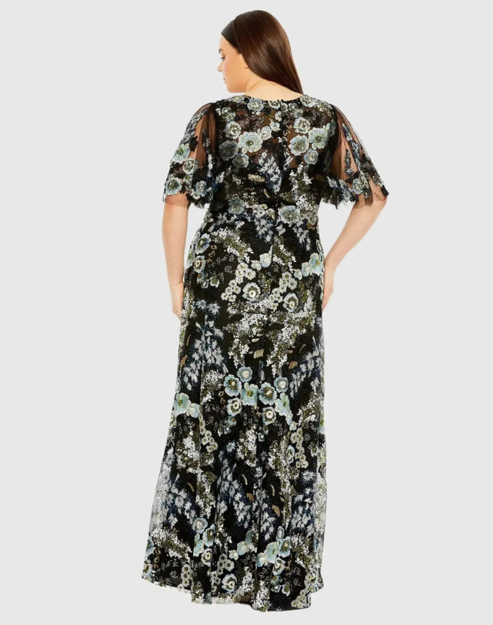 Mac Duggal 20630 Sheer Sleeve V-Neck Floral Embroidered Gown