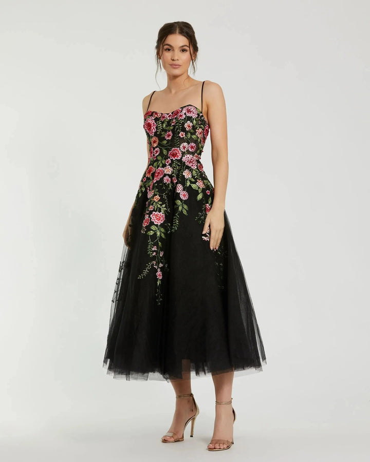 Black Multicolor Bustier Embroidered Floral A-Line Dress - FOSTANI.com