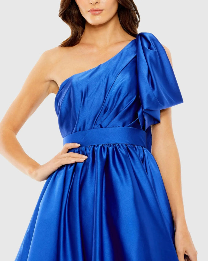 Mac Duggal 20690 One Shoulder Bow Satin Mini Dress
