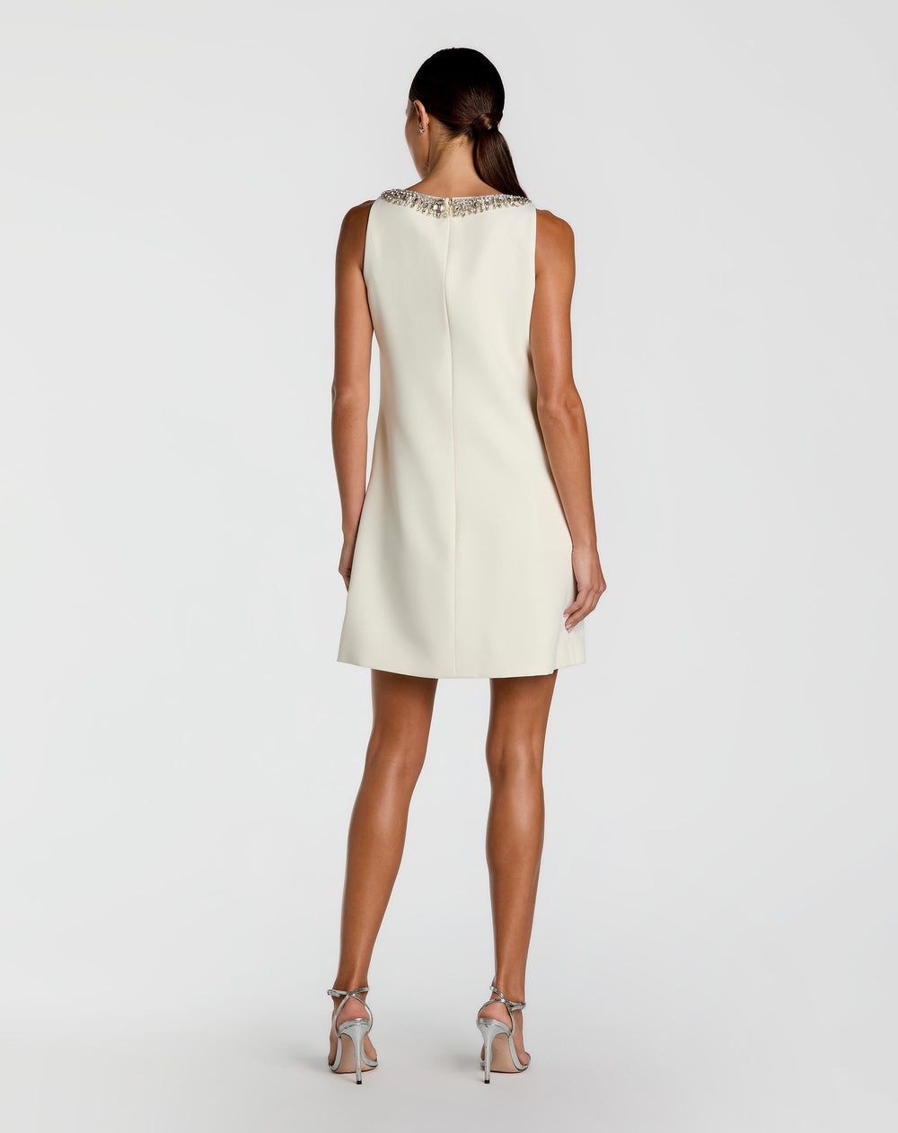 Ivory Sleeveless Shift Mini Dress with Rhinestone Trim - FOSTANI.com