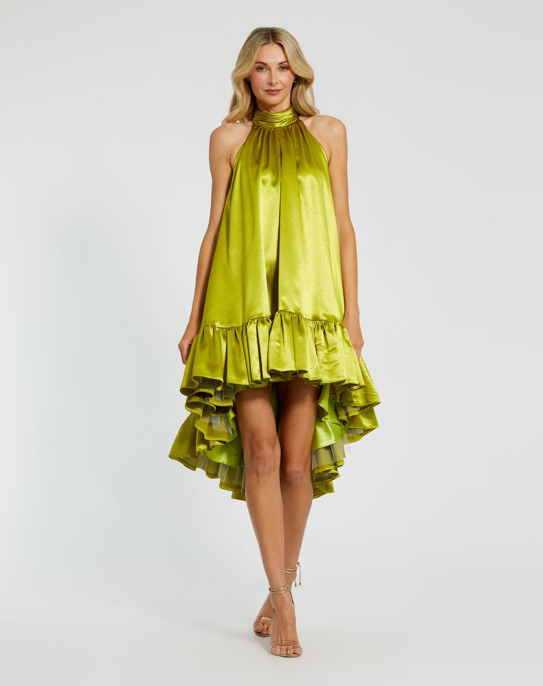 Ieena for Mac Duggal - Green High Neck Satin Mini Dress With Keyhole - S Ieena for Mac Duggal - Green High Neck Satin Mini Dress With Keyhole - S