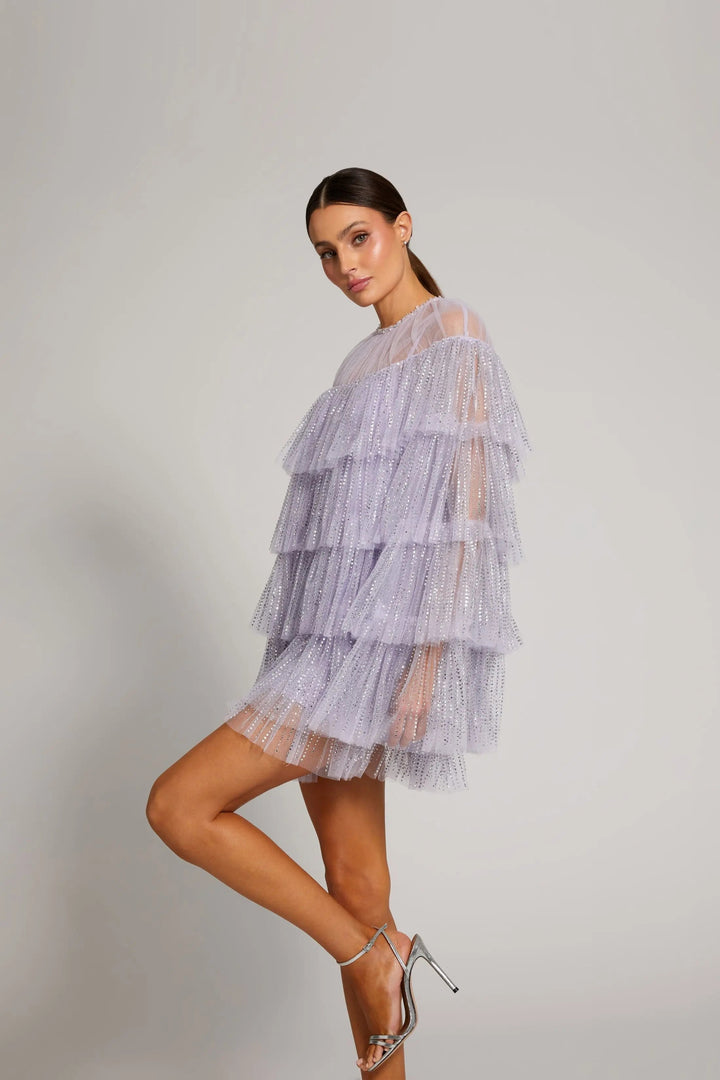 Mac Duggal 20749 Purple Embellished High Neck Ruffle Mini Dress