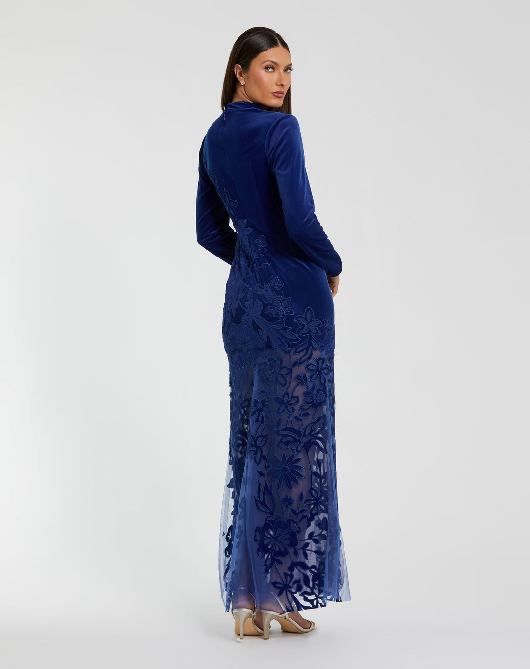Mac Duggal 20756 High Neck Velvet Mesh Gown with Floral Appliqués