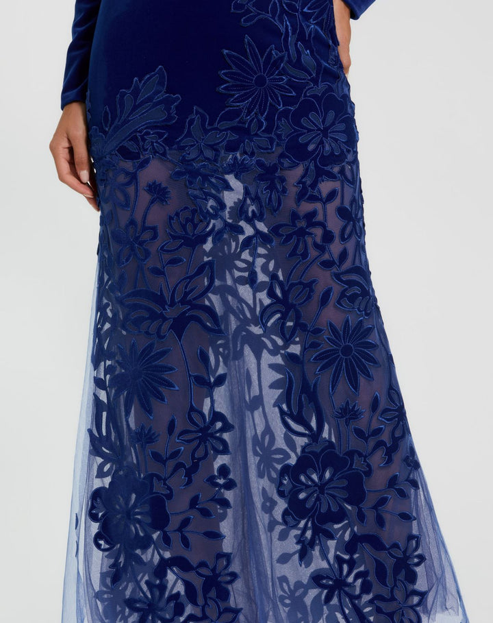 Mac Duggal 20756 High Neck Velvet Mesh Gown with Floral Appliqués