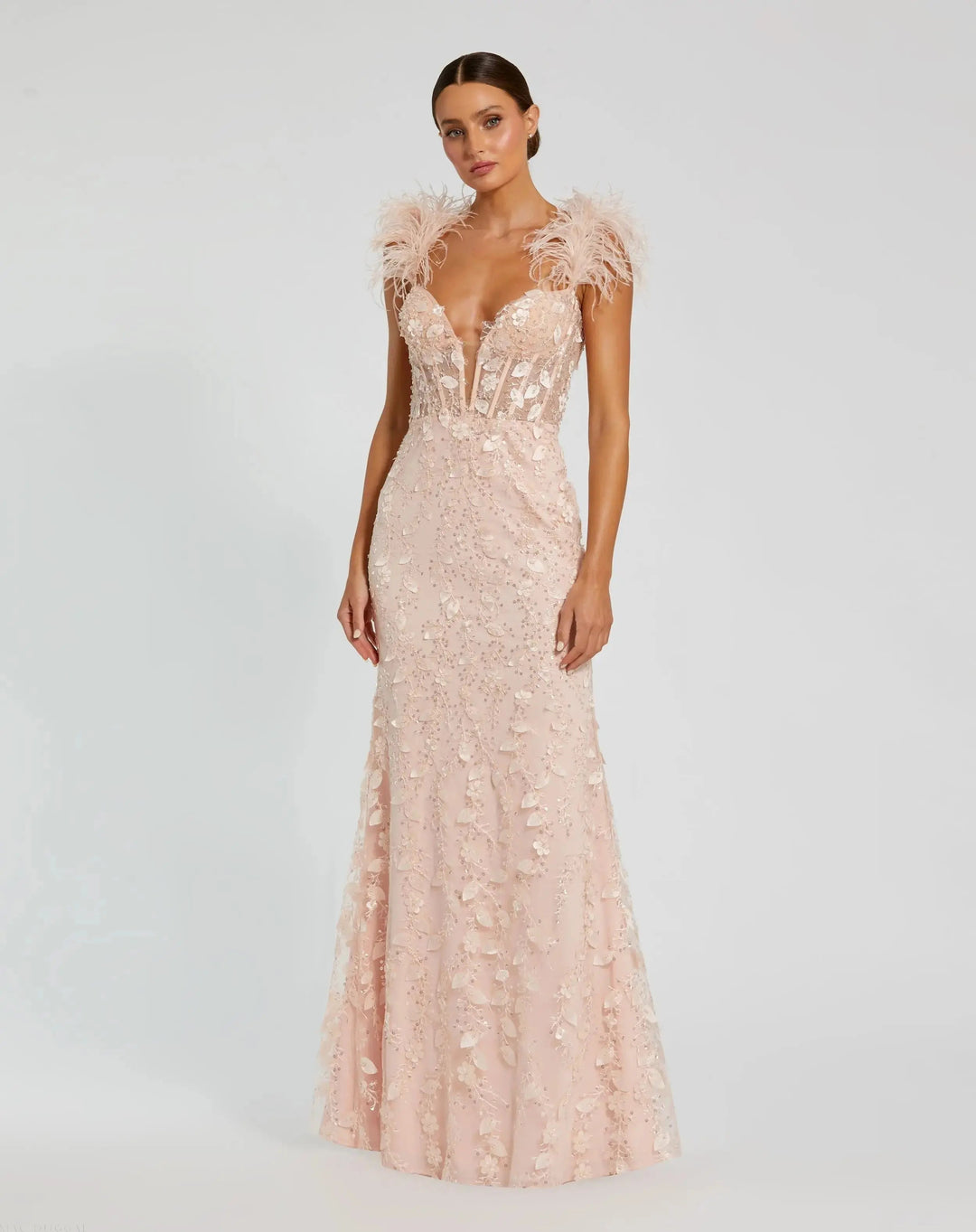 Mac Duggal 20889 Sheer Applique Bustier Gown with Feather Straps
