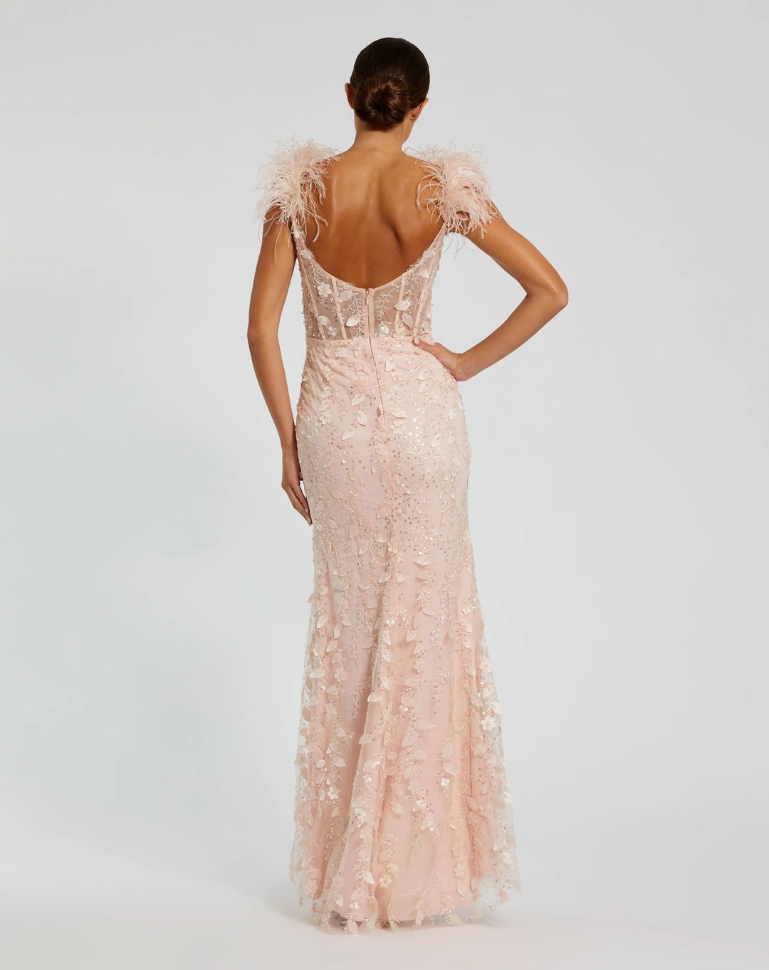 Mac Duggal 20889 Sheer Applique Bustier Gown with Feather Straps
