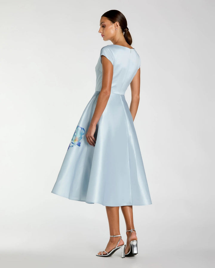 Blue Satin Cap Sleeve Midi Dress With Floral Print - FOSTANI.com