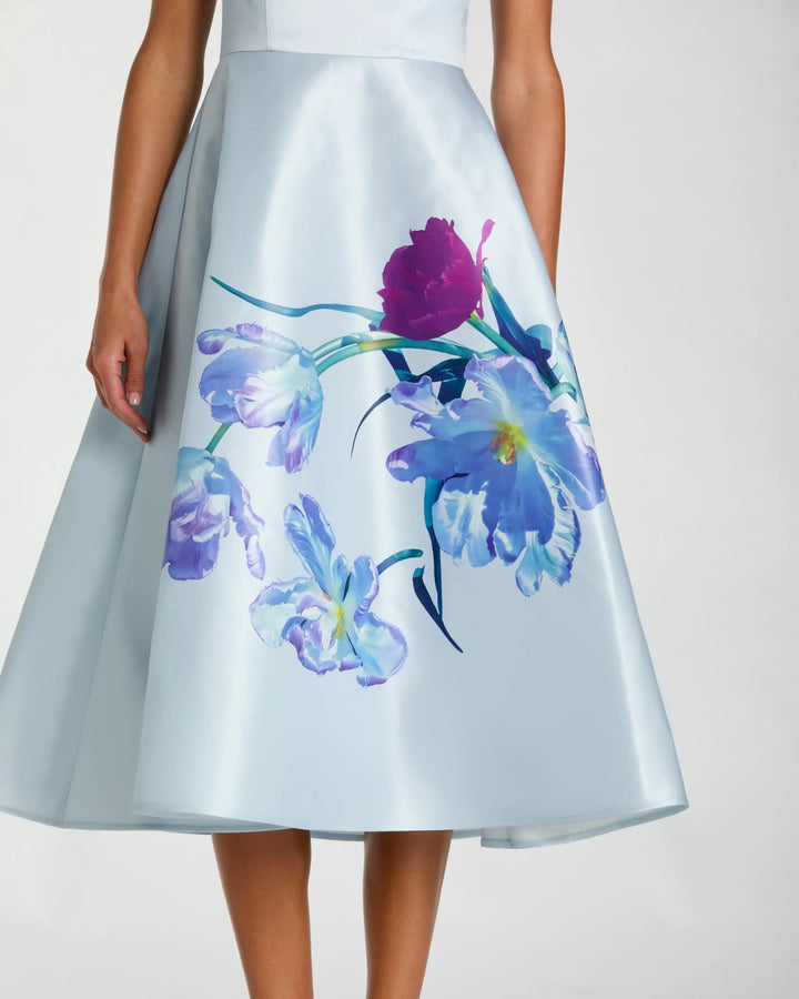 Blue Satin Cap Sleeve Midi Dress With Floral Print - FOSTANI.com