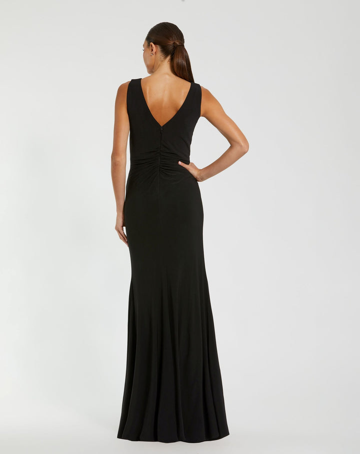 Mac Duggal 21005 Black Sleeveless Jersey Gown With 3D Flower