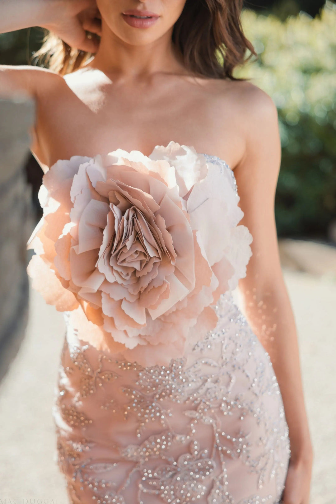 Mac Duggal IN Pink Strapless Lace Embellished Trumpet Gown With 3D Flower