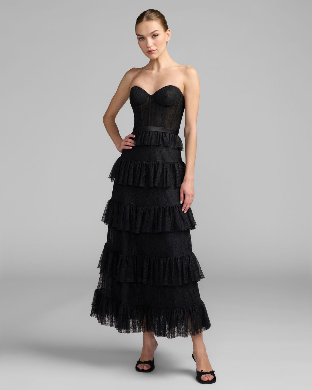 Mac Duggal 21043 Strapless Tiered Lace Midi Dress