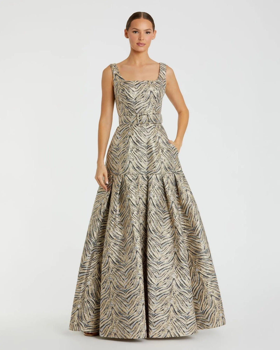Mac Duggal 21054 Metallic Jacquard Dress with Square Neckline and Box Pleats | FOSTANI Mac Duggal 21054 Metallic Jacquard Dress with Square Neckline and Box Pleats | FOSTANI